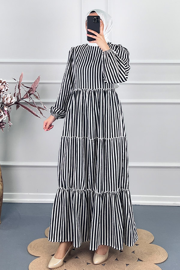 Çizgili Katkat Elbise - Siyah