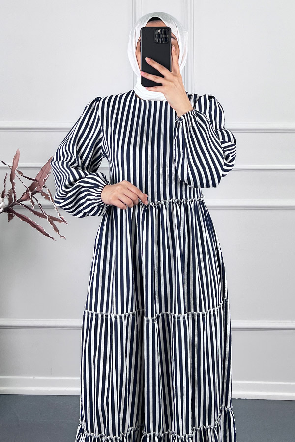 Çizgili Katkat Elbise - Siyah