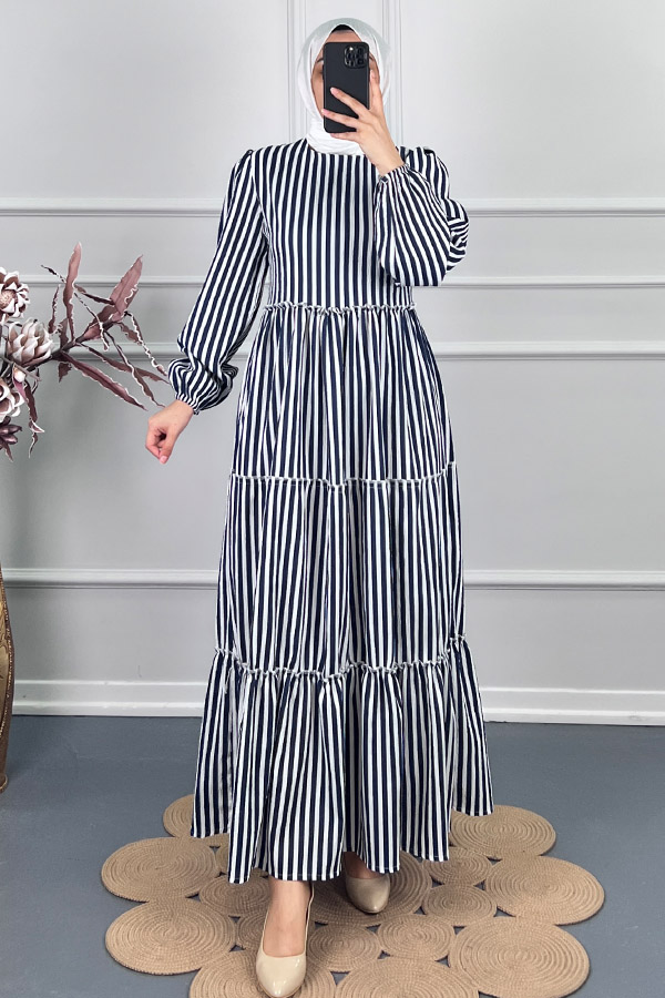 Çizgili Katkat Elbise - Siyah