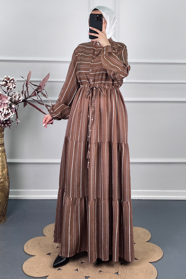 Çizgili Keten Elbise - Kahverengi