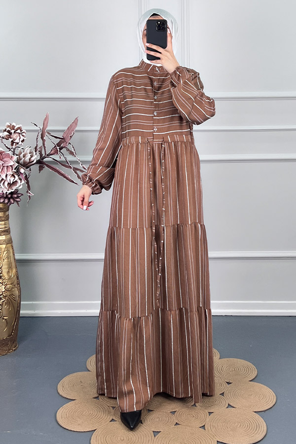 Çizgili Keten Elbise - Kahverengi