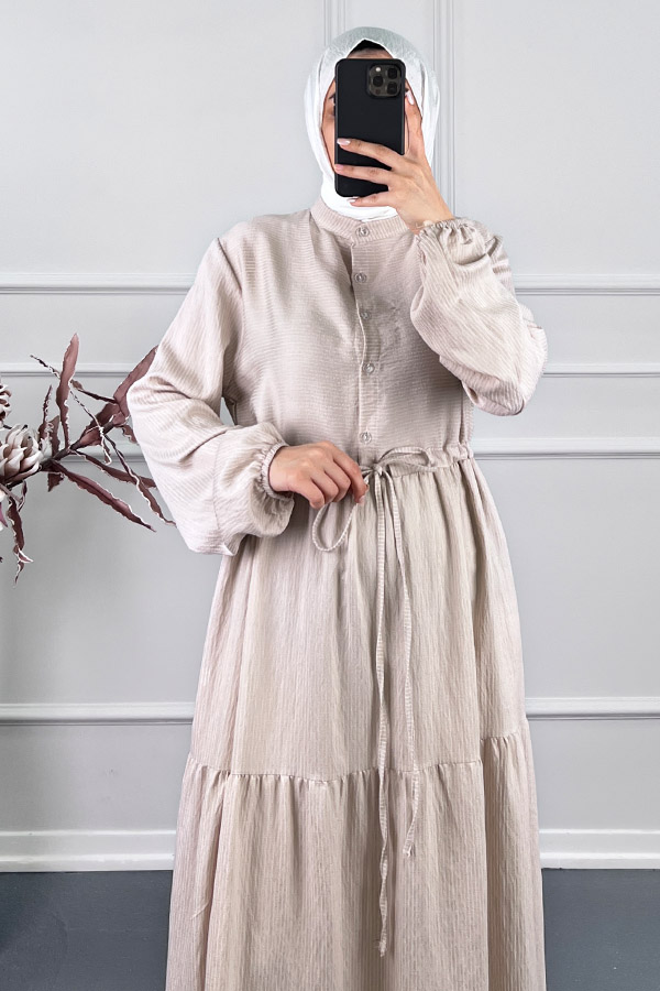 Çizgili Keten Elbise - Krem Çizgili Keten Elbise - Krem