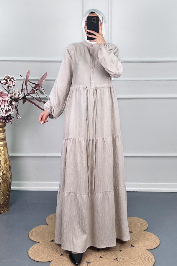 Çizgili Keten Elbise - Krem Çizgili Keten Elbise - Krem