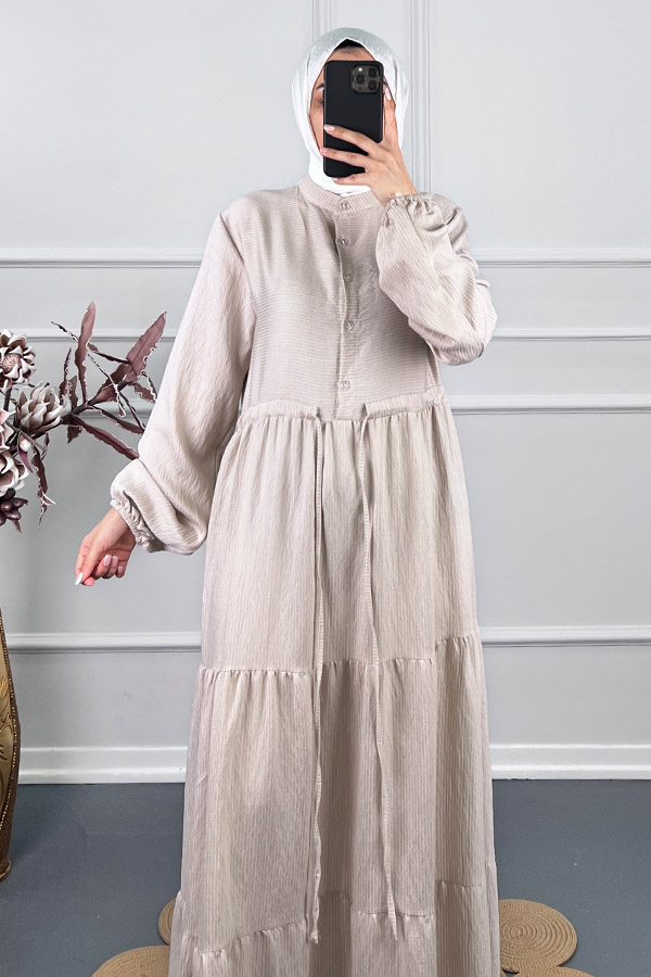 Çizgili Keten Elbise - Krem Çizgili Keten Elbise - Krem