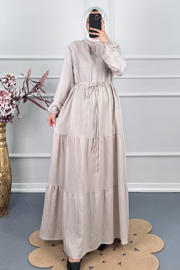 Çizgili Keten Elbise - Krem Çizgili Keten Elbise - Krem