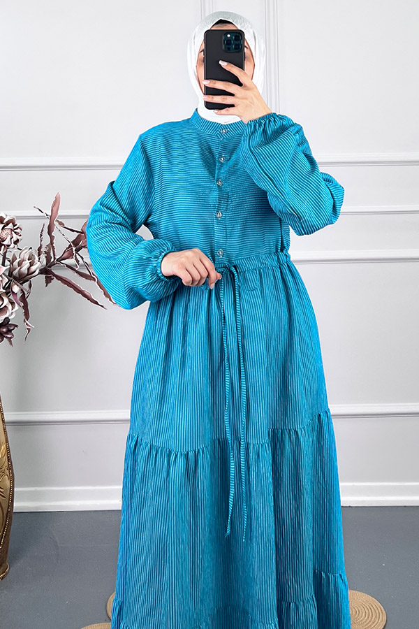 Çizgili Keten Elbise - Mavi