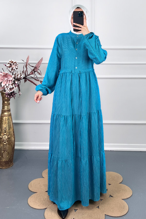Çizgili Keten Elbise - Mavi