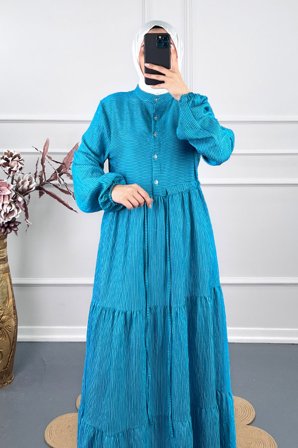 Çizgili Keten Elbise - Mavi