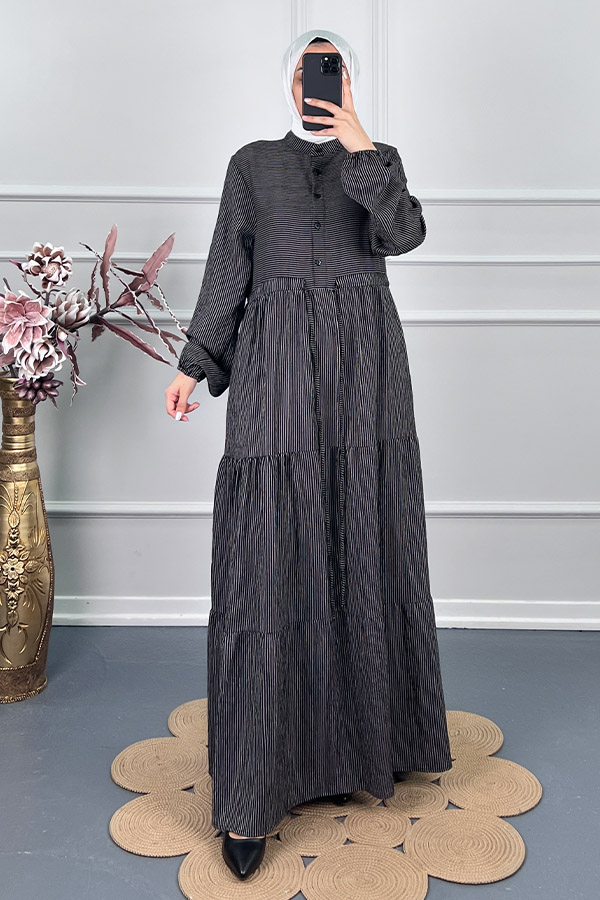 Çizgili Keten Elbise - Siyah