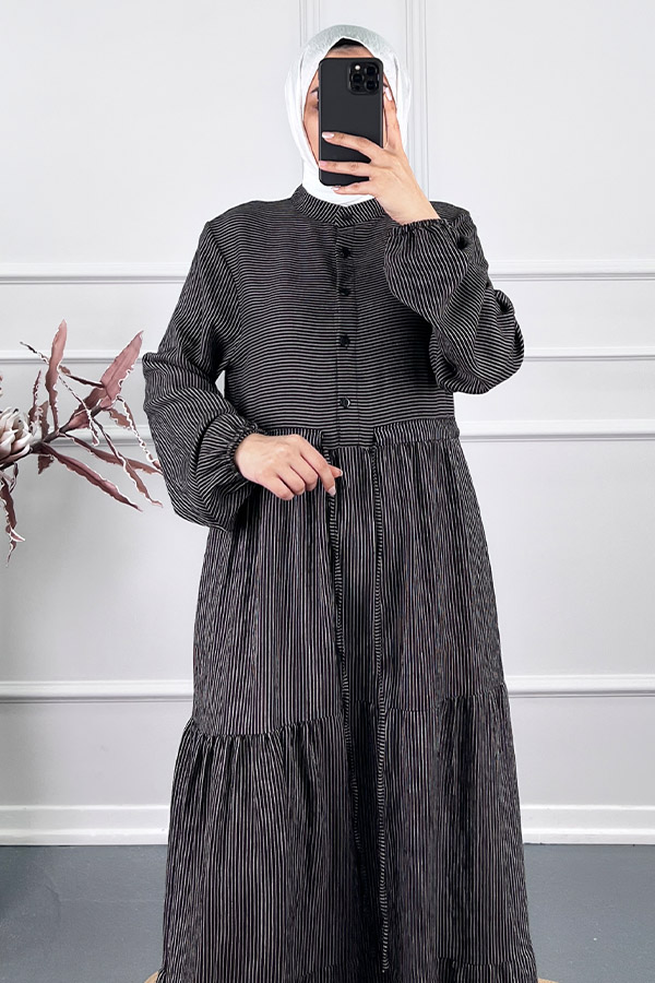 Çizgili Keten Elbise - Siyah