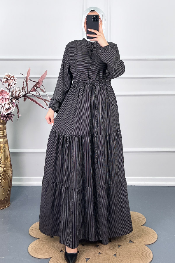 Çizgili Keten Elbise - Siyah