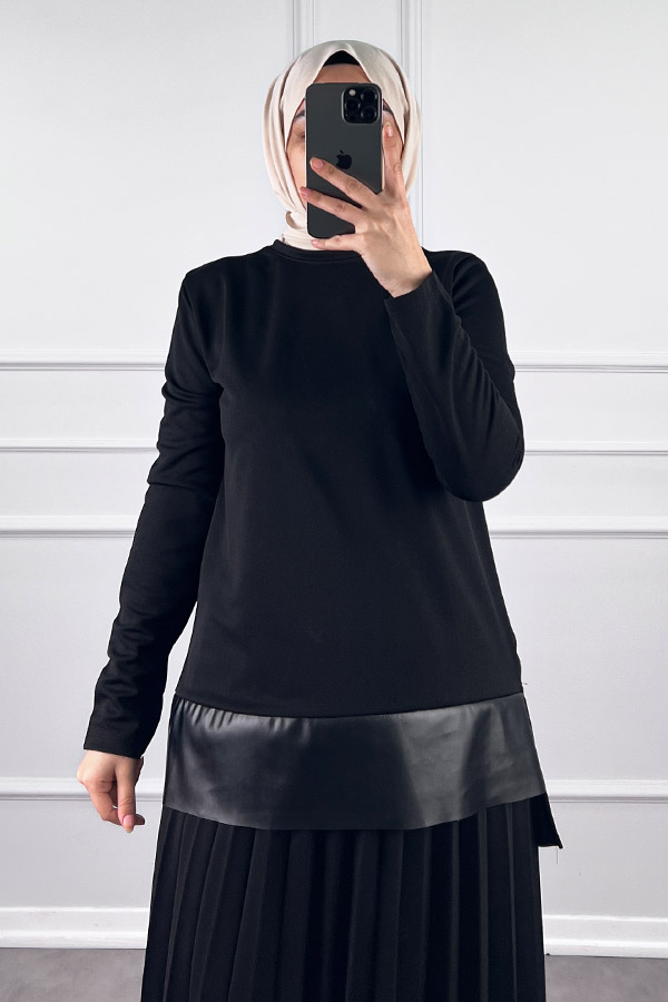 Deri Detaylı Etekli Takım - Siyah