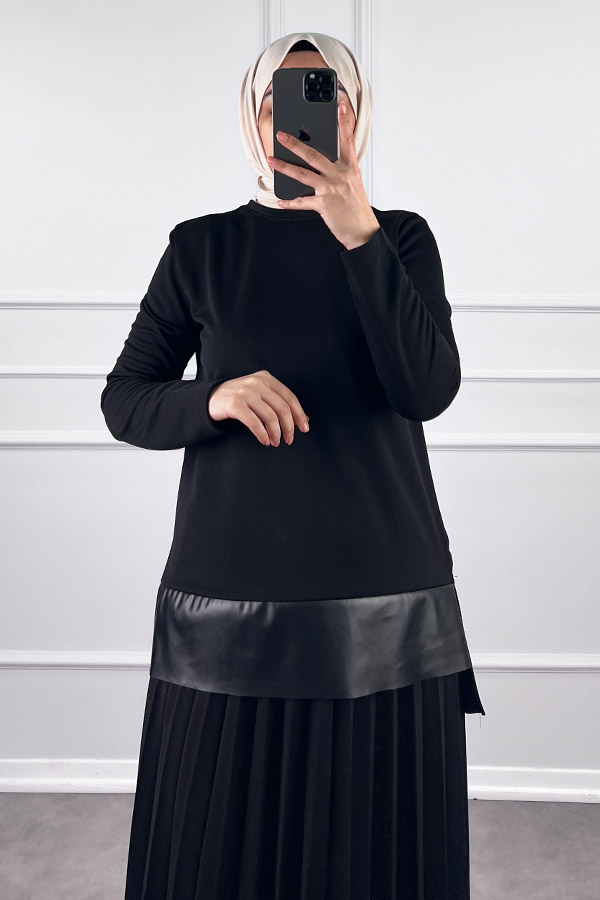 Deri Detaylı Etekli Takım - Siyah