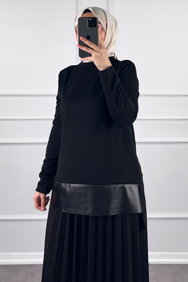 Deri Detaylı Etekli Takım - Siyah