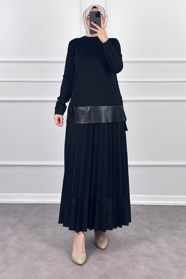 Deri Detaylı Etekli Takım - Siyah