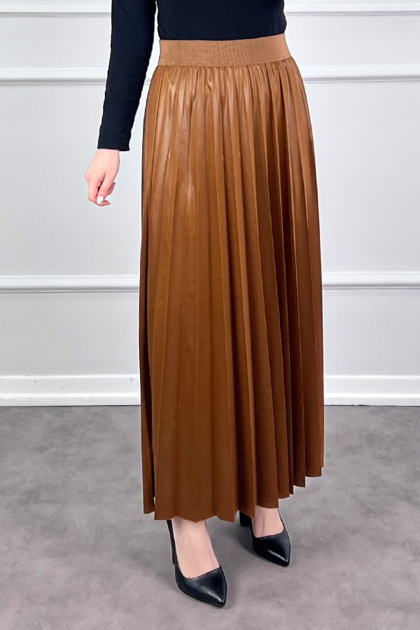Deri Görünümlü Etek - Camel