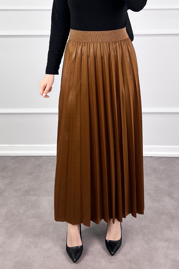 Deri Görünümlü Etek - Camel