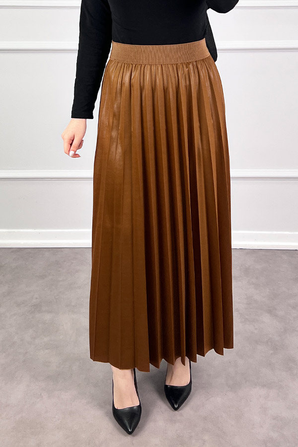 Deri Görünümlü Etek - Camel