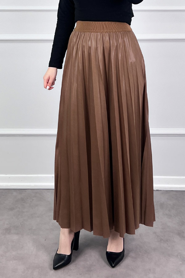 Deri Görünümlü Etek - Kahverengi