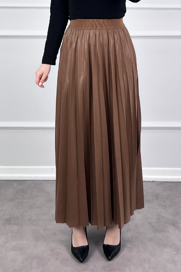 Deri Görünümlü Etek - Kahverengi