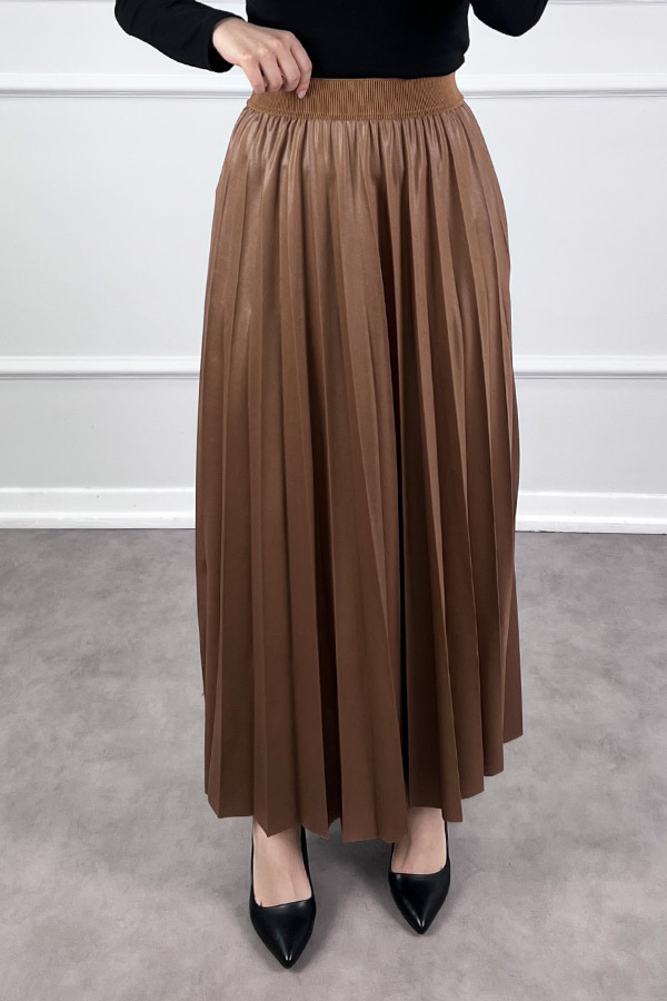 Deri Görünümlü Etek - Kahverengi