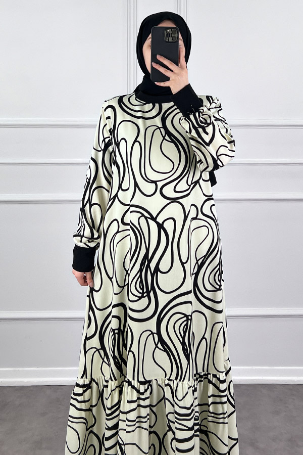 Desenli Ribanalı Viskon Elbise - Krem