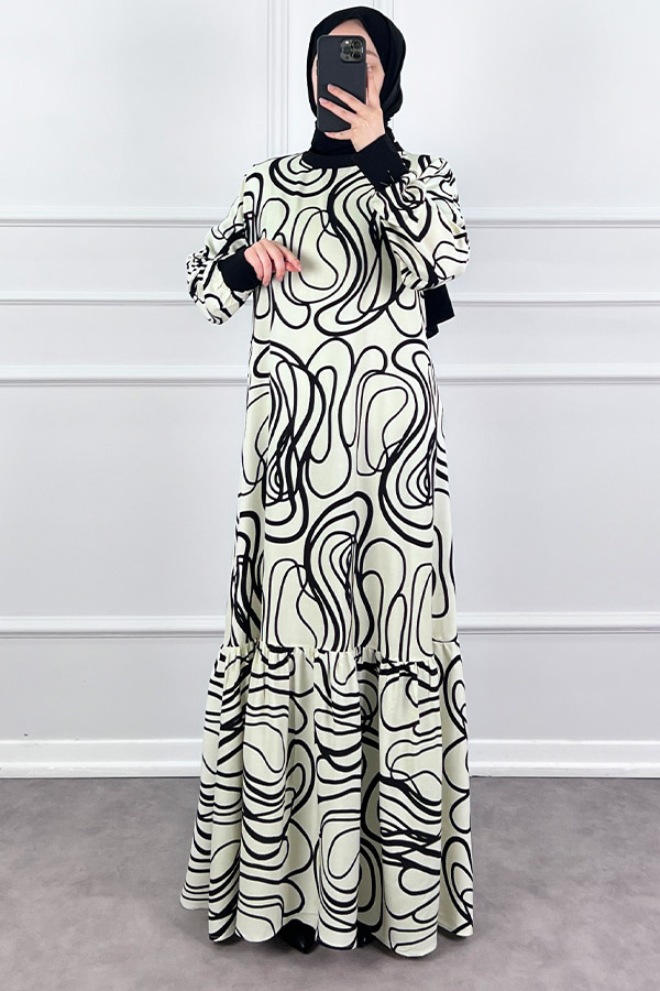 Desenli Ribanalı Viskon Elbise - Krem