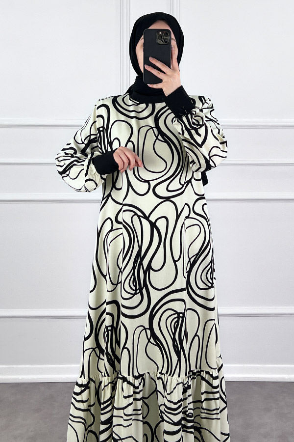 Desenli Ribanalı Viskon Elbise - Krem