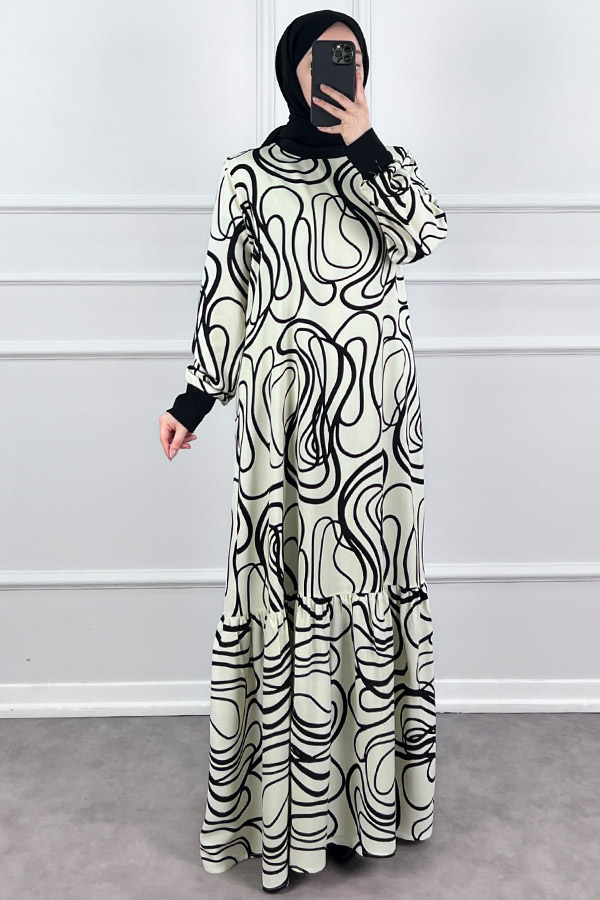 Desenli Ribanalı Viskon Elbise - Krem