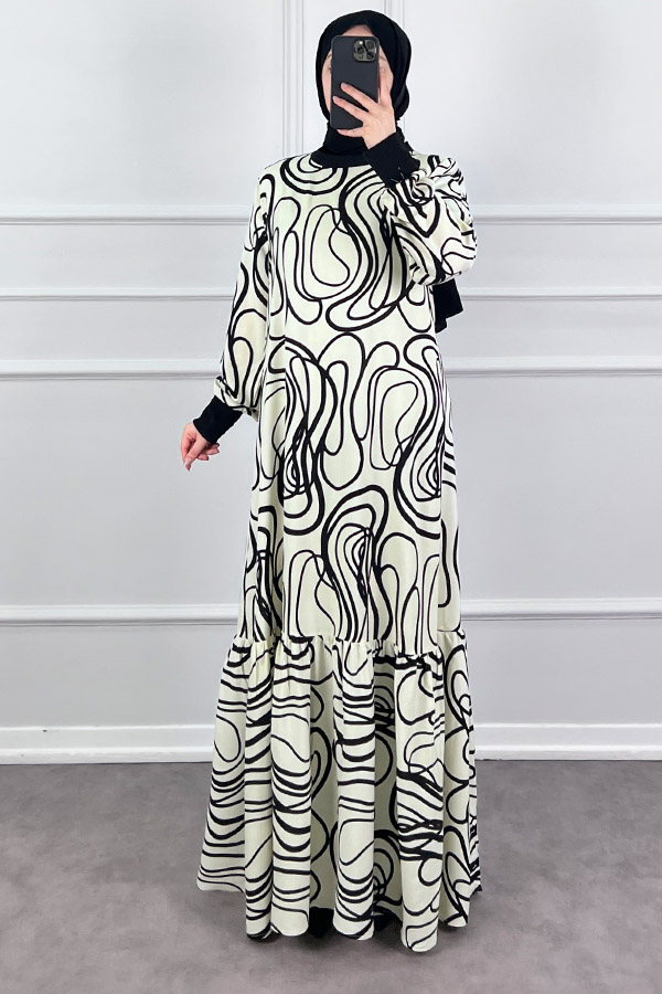 Desenli Ribanalı Viskon Elbise - Krem