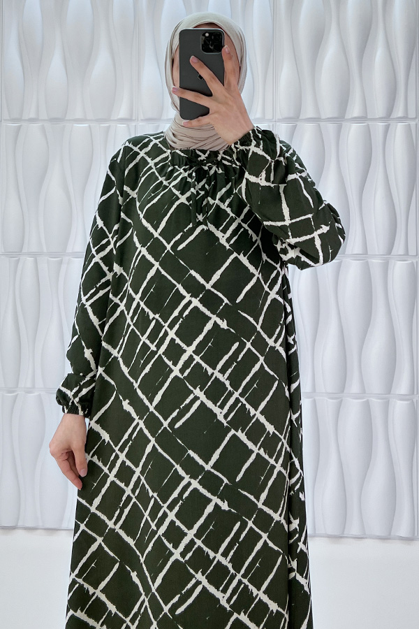 Desenli Tesettür Elbise - Haki
