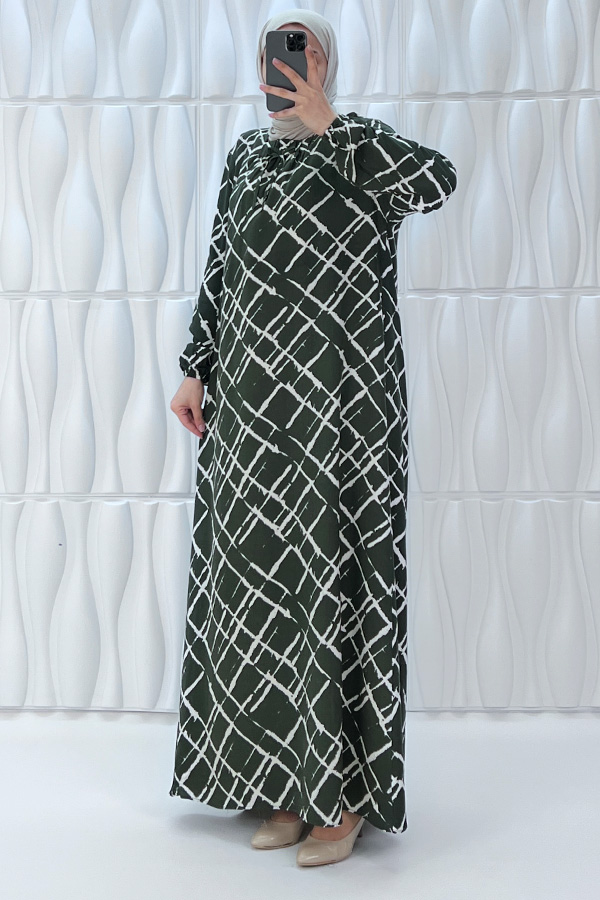 Desenli Tesettür Elbise - Haki