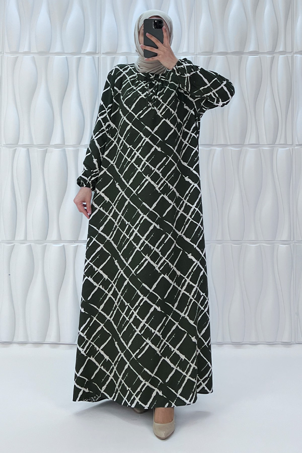 Desenli Tesettür Elbise - Haki