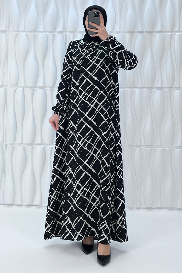 Desenli Tesettür Elbise - Siyah Desenli Tesettür Elbise - Siyah