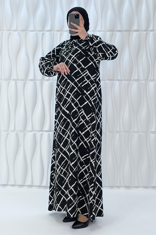 Desenli Tesettür Elbise - Siyah Desenli Tesettür Elbise - Siyah