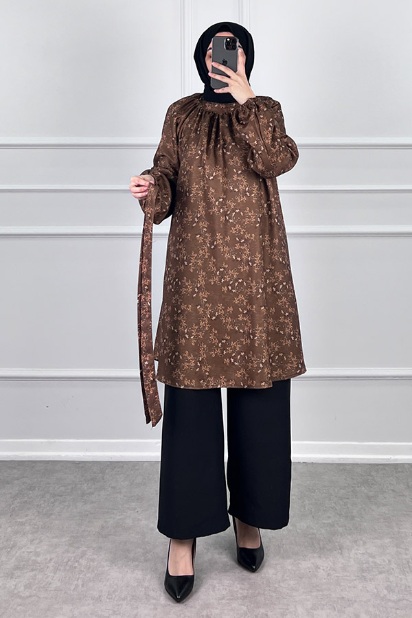 Desenli Tesettür Takım - Camel