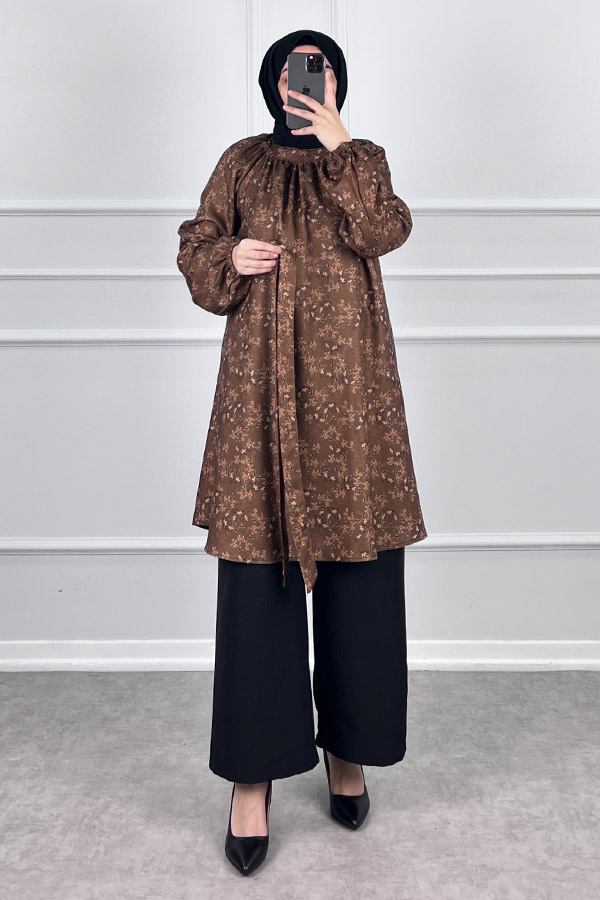 Desenli Tesettür Takım - Camel