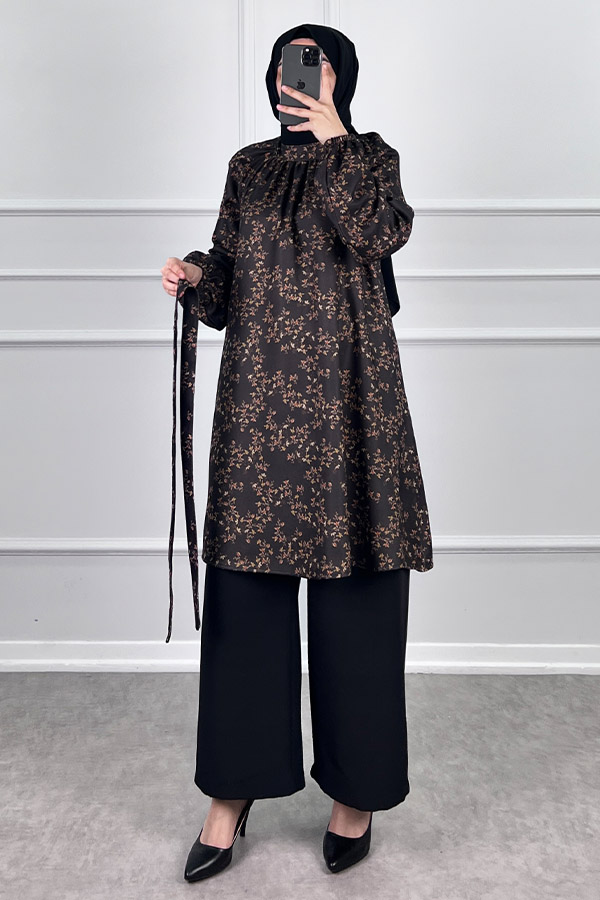 Desenli Tesettür Takım - Kahverengi