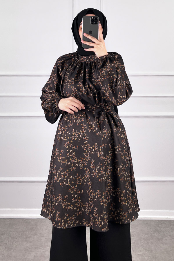 Desenli Tesettür Takım - Kahverengi