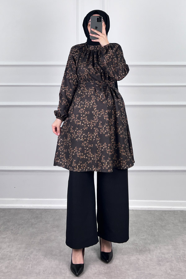 Desenli Tesettür Takım - Kahverengi