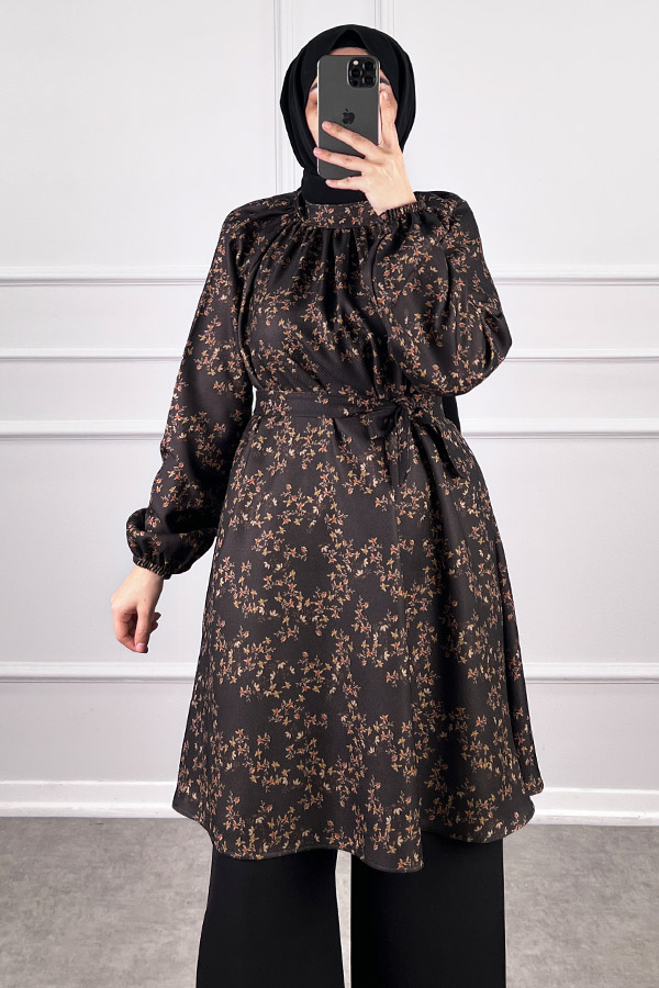 Desenli Tesettür Takım - Kahverengi