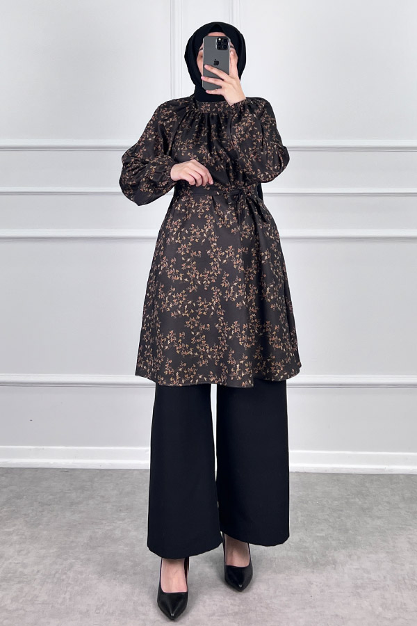 Desenli Tesettür Takım - Kahverengi