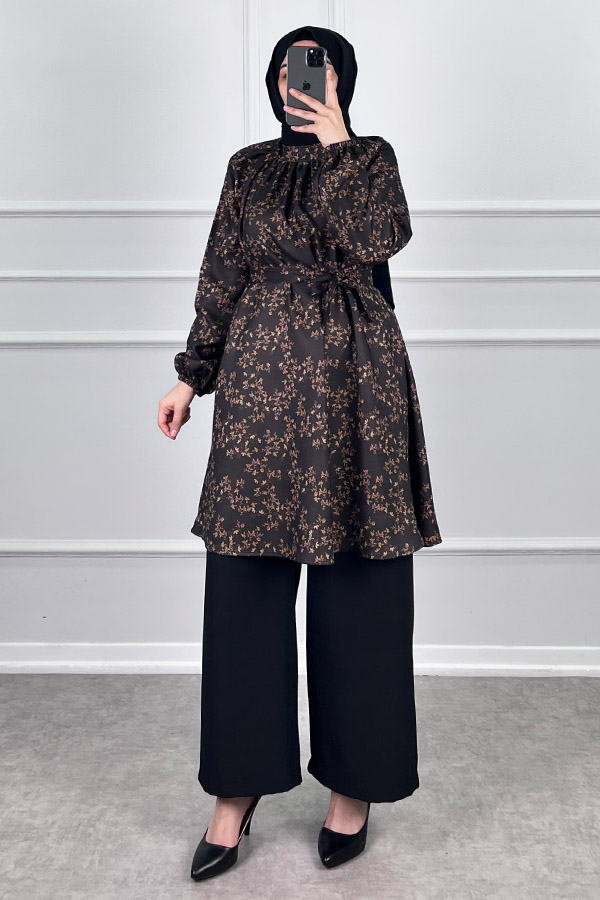 Desenli Tesettür Takım - Kahverengi