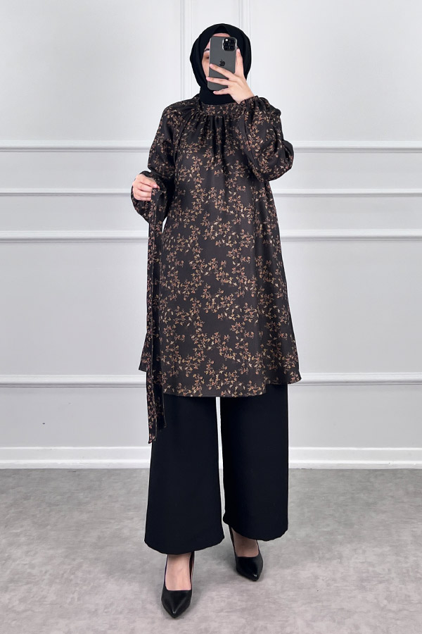 Desenli Tesettür Takım - Kahverengi