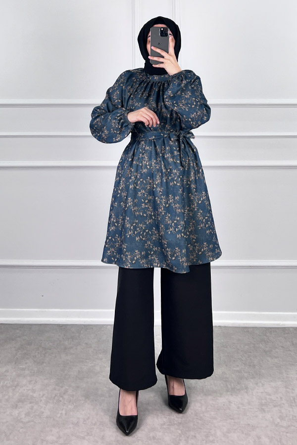Desenli Tesettür Takım - Lacivert
