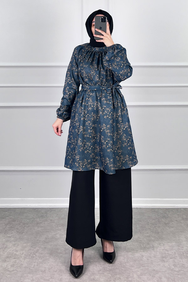 Desenli Tesettür Takım - Lacivert