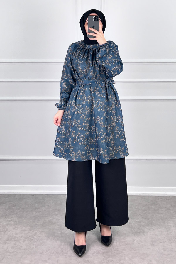 Desenli Tesettür Takım - Lacivert