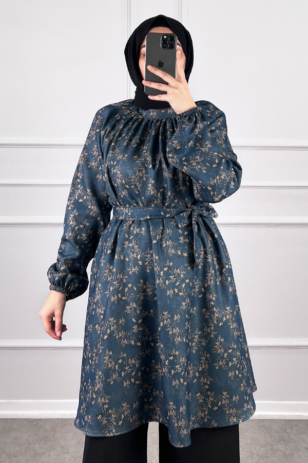 Desenli Tesettür Takım - Lacivert