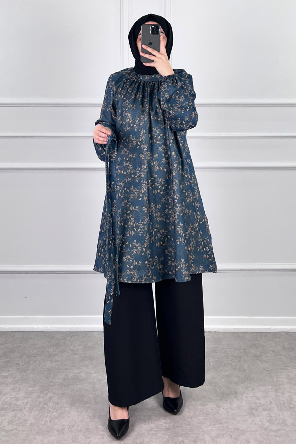 Desenli Tesettür Takım - Lacivert