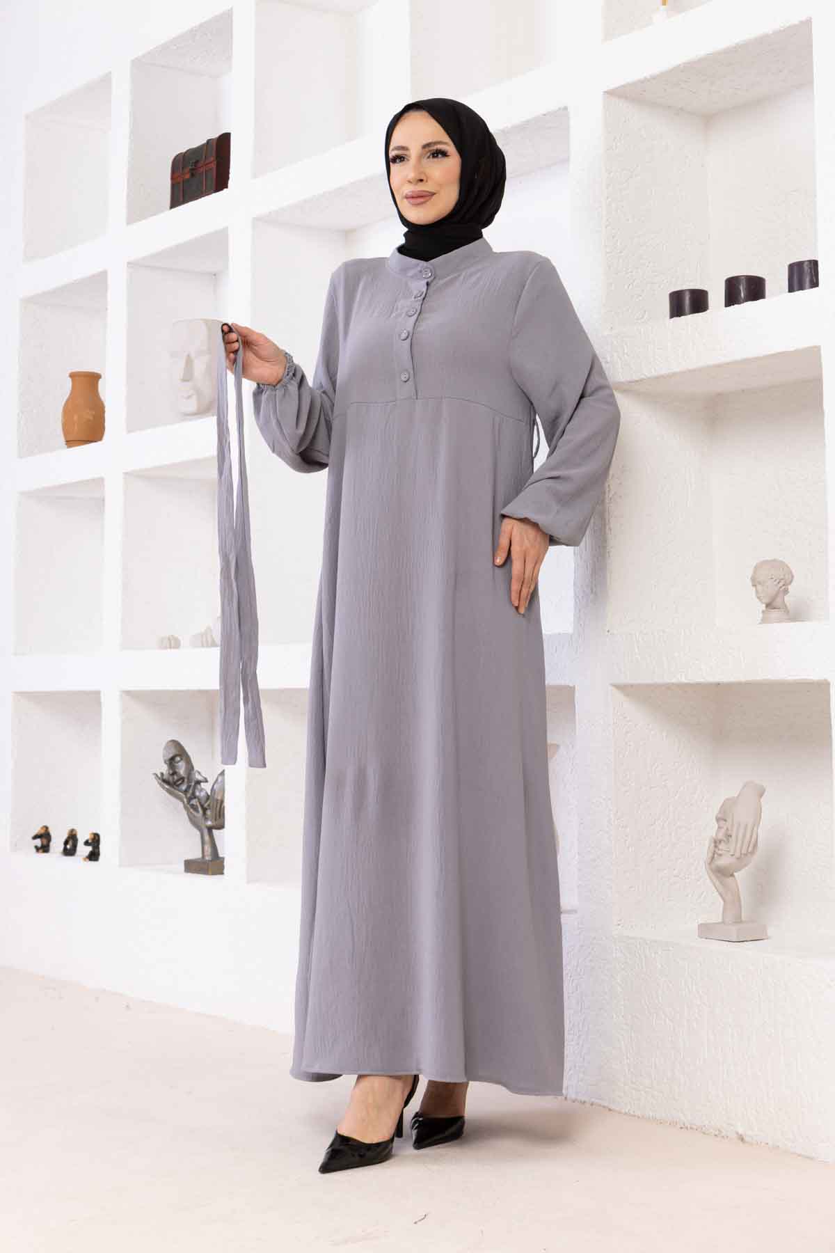 Düğmeli Ayrobin Kumaş Elbise - Gri